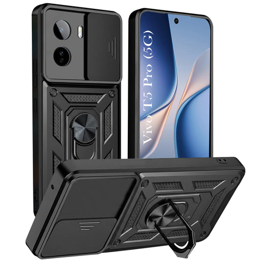 360° Rotatable Ring Grip & Impact Resistant Frame for Vivo T5 Pro 5G ( Black)