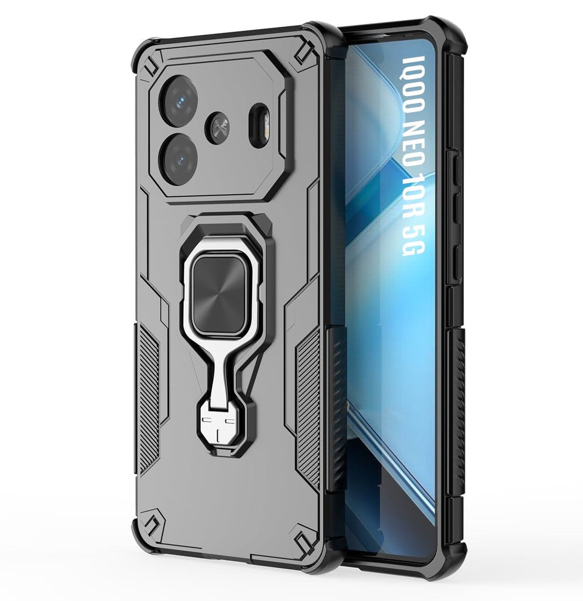 For iQOO Neo 10R Back Cover Case Hybrid Armor |Ring Holder Kickstand