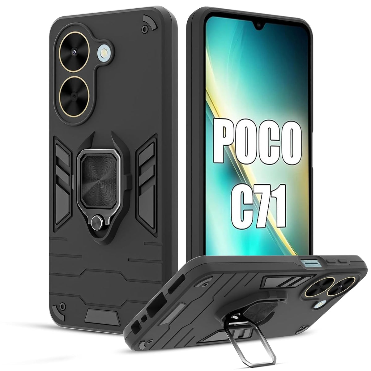 For Poco C71 Back Cover Case Hybrid Armor |Ring Holder Kickstand
