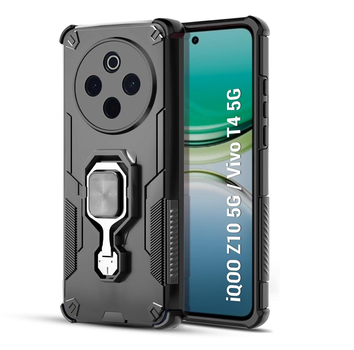 For Vivo T4 Back Cover Case Hybrid Armor |Ring Holder Kickstand