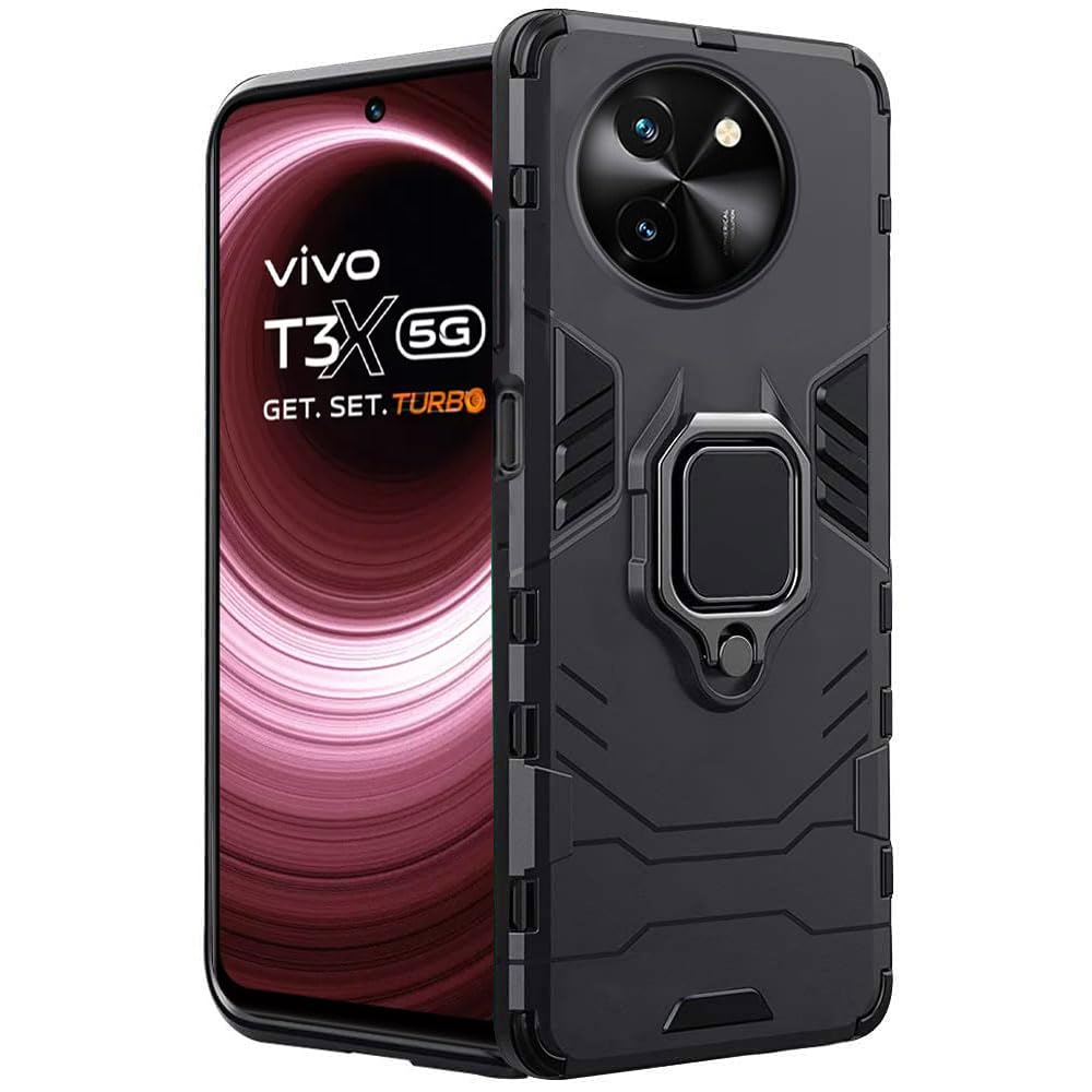 For Vivo T3x 5G Back Cover Case Hybrid Armor |Ring Holder Kickstand