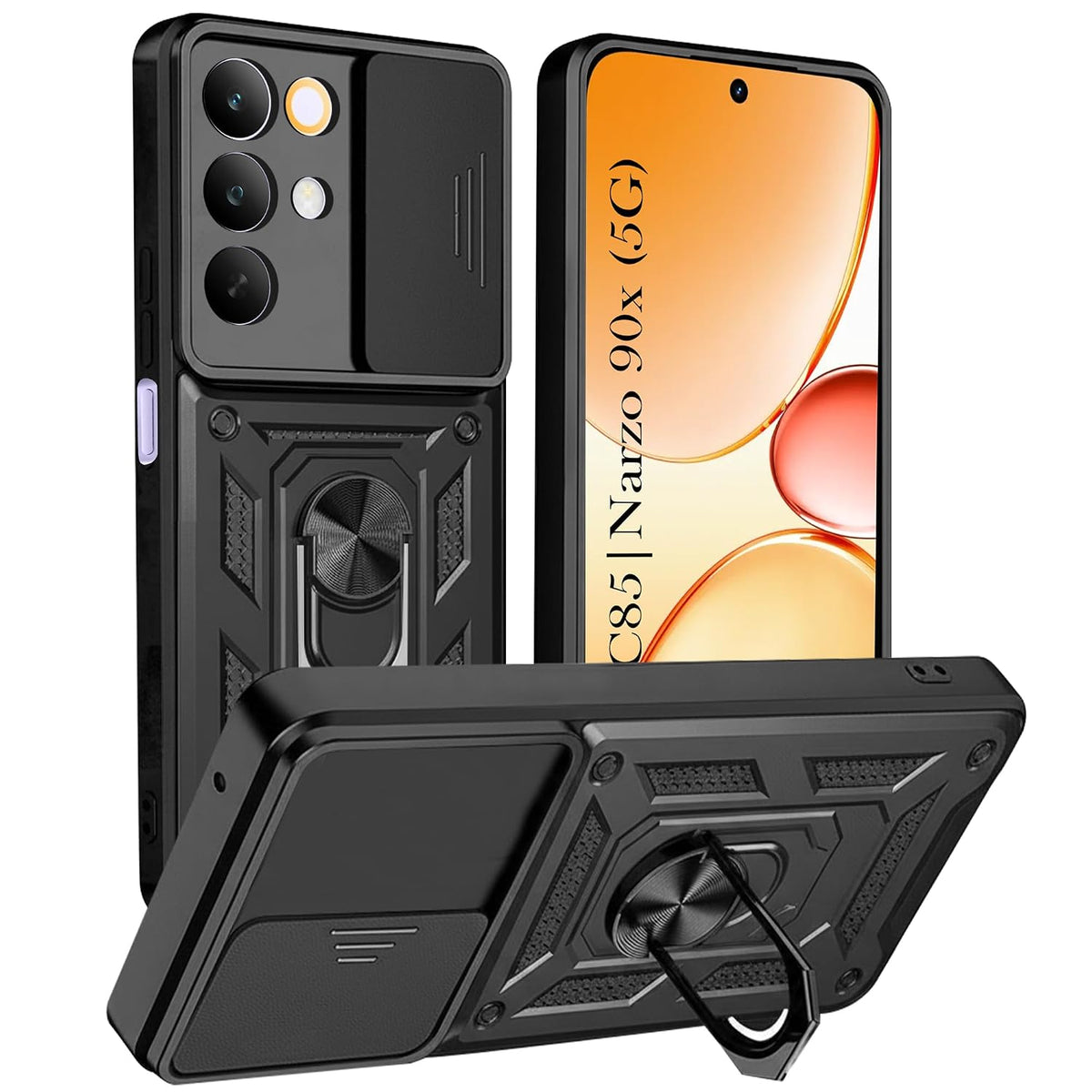 For Realme Narzo 90x Back Cover Case Hybrid Armor |Ring Holder Kickstand